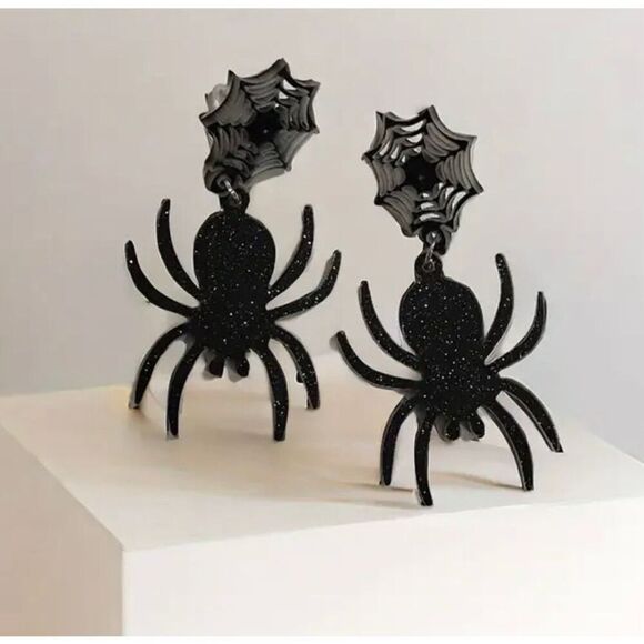NWT Spooky Black Glittery Spider And Spiderweb Dangle Drop Earrings - Picture 4 of 5